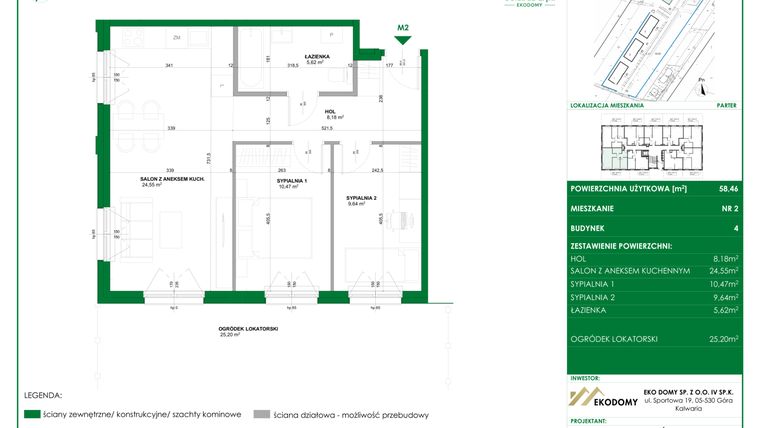 Rzut - Mieszkanie na sprzedaż 3 pokoje o powierzchni 58,46 m² - numer 2 w Osiedle Polna bud. 4