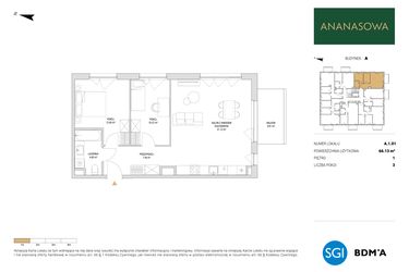 Rzut - Mieszkanie na sprzedaż 3 pokoje o powierzchni 66,13 m² - numer A.1.01 w Ananasowa