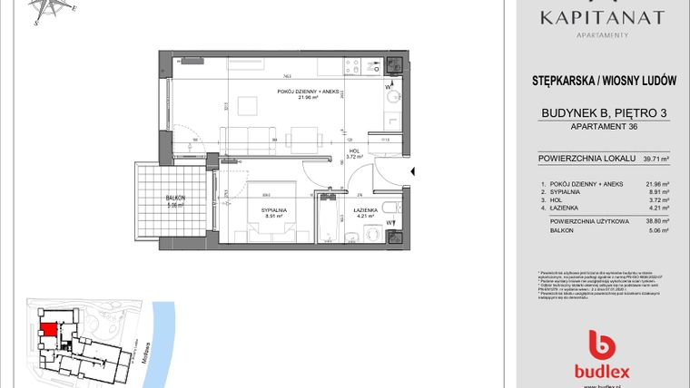 Rzut - Mieszkanie na sprzedaż 2 pokoje o powierzchni 39,71 m² - numer 36.B w Kapitanat Apartamenty