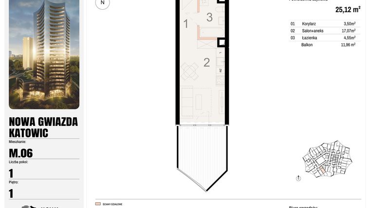 Rzut - Mieszkanie na sprzedaż 1 pokój o powierzchni 25,12 m² - numer M.06 w Nowa Gwiazda