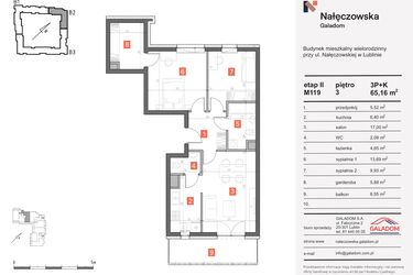 Rzut - Mieszkanie na sprzedaż 3 pokoje o powierzchni 65,16 m² - numer M-119 w Nałęczowska etap II