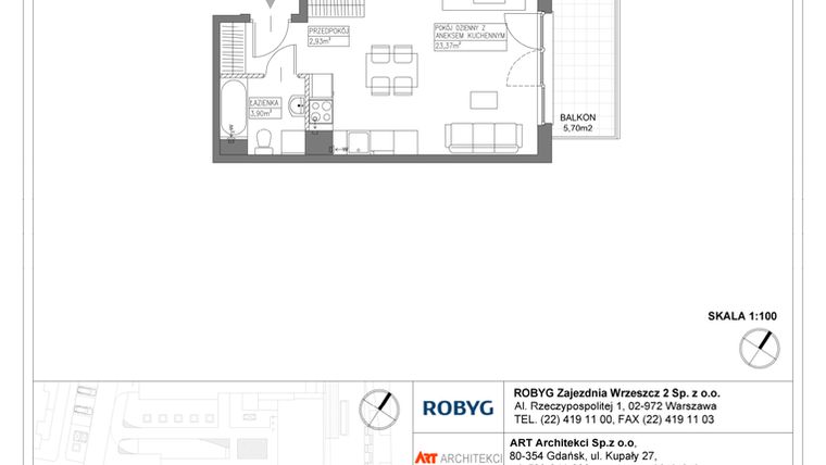 Rzut - Mieszkanie na sprzedaż 1 pokój o powierzchni 30,2 m² - numer E.5M22 w Nowa Wałowa bud. E