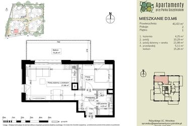 Rzut - Mieszkanie na sprzedaż 2 pokoje o powierzchni 41,63 m² - numer D3.M6 w Apartamenty przy Parku Szczytnickim