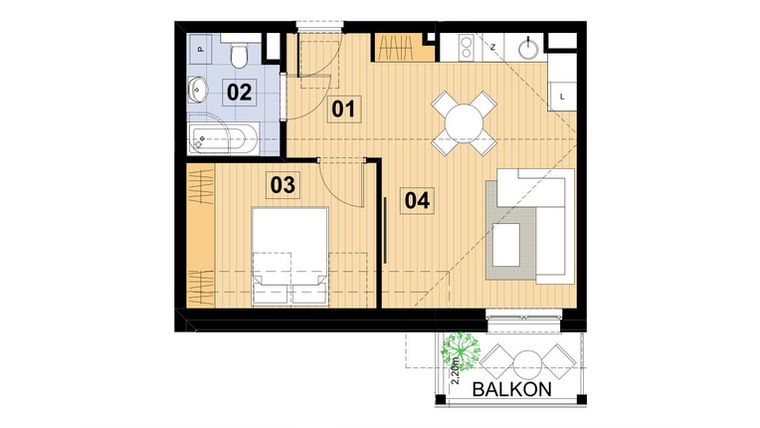 Rzut - Mieszkanie na sprzedaż 2 pokoje o powierzchni 42,55 m² - numer L28 w Green Park Resort III
