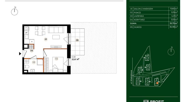 Rzut - Mieszkanie na sprzedaż 2 pokoje o powierzchni 32,75 m² - numer 9A.03 w Wiaduktowa