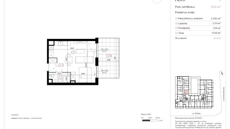 Rzut - Mieszkanie na sprzedaż 1 pokój o powierzchni 31,16 m² - numer A/1/11 w Wielka 16