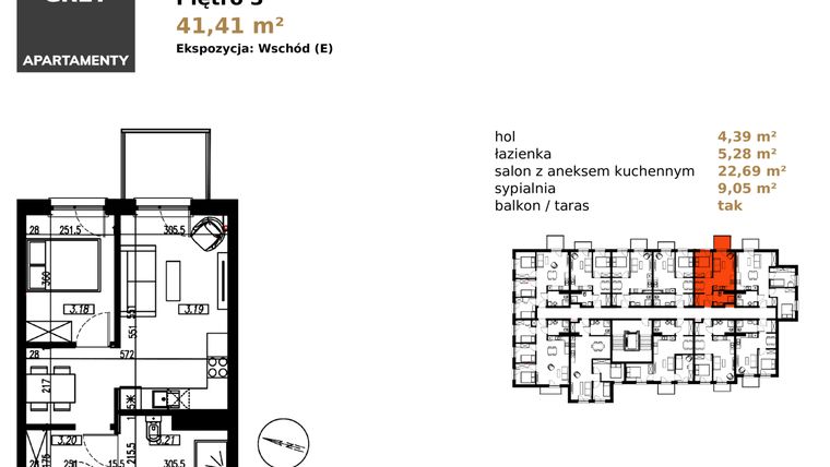 Rzut - Mieszkanie na sprzedaż 2 pokoje o powierzchni 41,41 m² - numer 36 w Apartamenty Grey