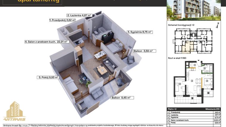 Rzut - Mieszkanie na sprzedaż 3 pokoje o powierzchni 50,92 m² - numer B16 w Osiedle Wełnowe Apartamenty