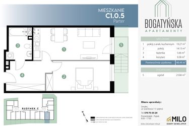 Rzut - Mieszkanie na sprzedaż 2 pokoje o powierzchni 48,44 m² - numer C1.0.5 w Bogatyńska Apartamenty etap 3