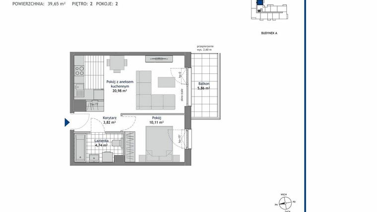 Rzut - Mieszkanie na sprzedaż 2 pokoje o powierzchni 39,65 m² - numer A.2.4 w Linea bud. A