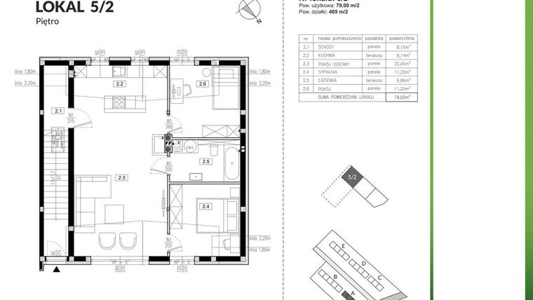Rzut - Mieszkanie na sprzedaż 3 pokoje o powierzchni 79 m² - numer 5/2 w Szczęśliwa Polana