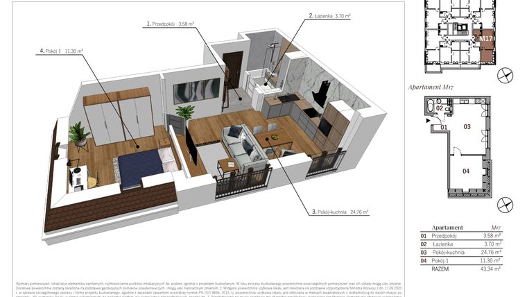 Rzut - Mieszkanie na sprzedaż 2 pokoje o powierzchni 43,34 m² - numer M17 w Przy Parku etap II
