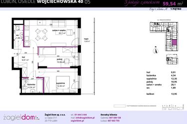 Rzut - Mieszkanie na sprzedaż 3 pokoje o powierzchni 59,54 m² - numer 5 w Wojciechowska Square