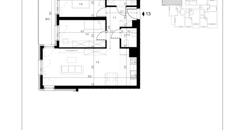 Rzut - Mieszkanie na sprzedaż 3 pokoje o powierzchni 64,94 m² - numer M13 w Trybuny Ludów 3