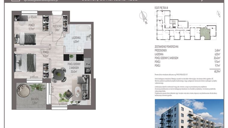 Rzut - Mieszkanie na sprzedaż 3 pokoje o powierzchni 48,39 m² - numer M.C.38 w Cichy Zakątek