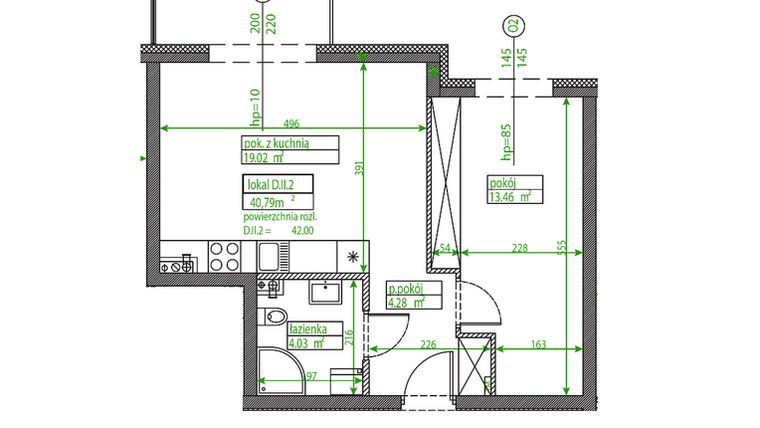 Rzut - Mieszkanie na sprzedaż 2 pokoje o powierzchni 40,72 m² - numer D.II.2 w Osiedle Opolska