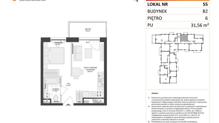 Rzut - Mieszkanie na sprzedaż 1 pokój o powierzchni 31,56 m² - numer 55 w Locus 2 bud. B2