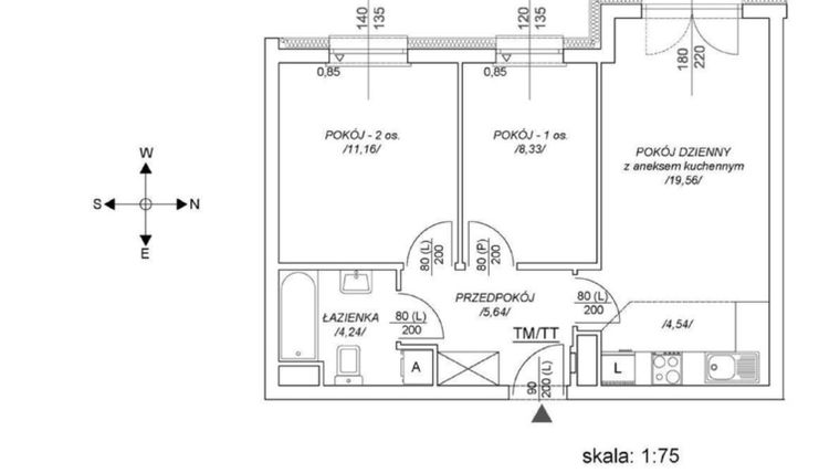Rzut - Mieszkanie na sprzedaż 3 pokoje o powierzchni 48,93 m² - numer M18 w Osiedle Mała Dziesiąta etap II