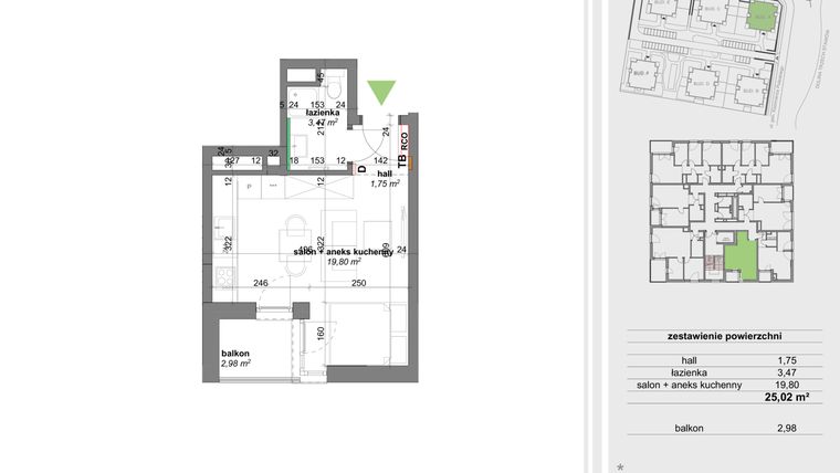 Rzut - Mieszkanie na sprzedaż 2 pokoje o powierzchni 25,02 m² - numer A.4.7 w Park Przy Stawach