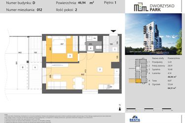 Rzut - Mieszkanie na sprzedaż 2 pokoje o powierzchni 46,94 m² - numer 12 w Dworzysko Park - Etap III