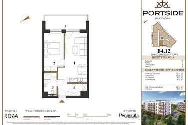 Rzut - Mieszkanie na sprzedaż 2 pokoje o powierzchni 40,84 m² - numer B4.12 w Portside Bałtycka