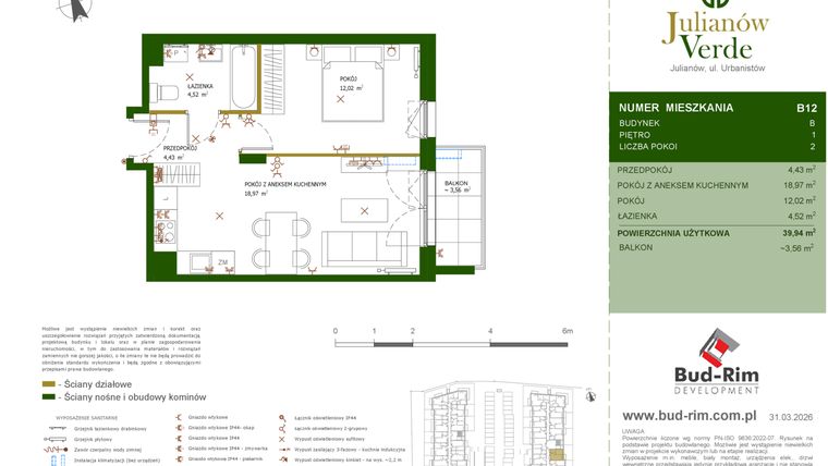 Rzut - Mieszkanie na sprzedaż 2 pokoje o powierzchni 39,94 m² - numer 12 w Julianów Verde II