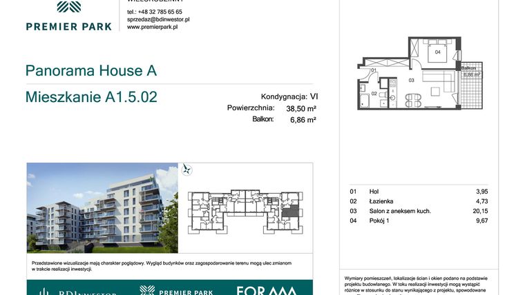 Rzut - Mieszkanie na sprzedaż 2 pokoje o powierzchni 38,5 m² - numer A1.5.02 w Premier Park II