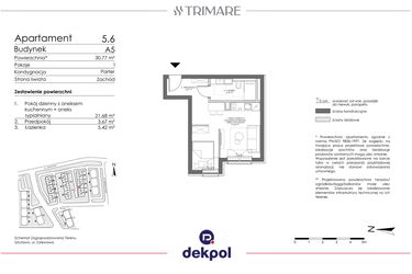 Rzut - Mieszkanie na sprzedaż 1 pokój o powierzchni 30,77 m² - numer 5.6 w Trimare