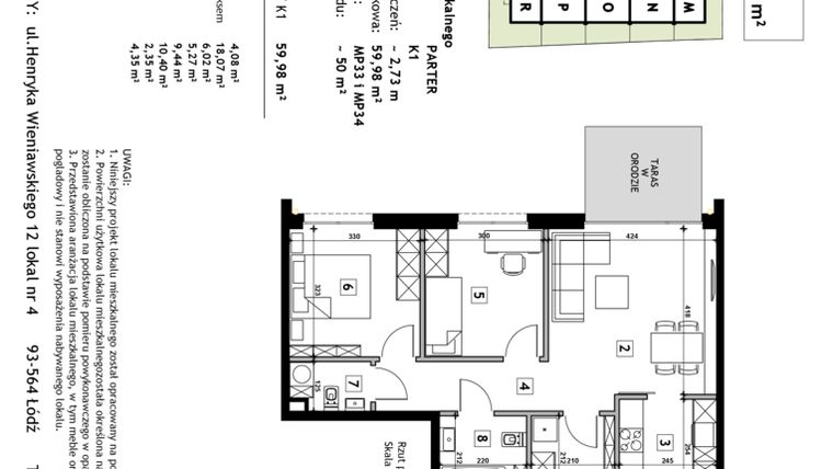 Rzut - Mieszkanie na sprzedaż 3 pokoje o powierzchni 59,98 m² - numer K1 w Złotno Residence