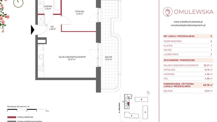 Rzut - Mieszkanie na sprzedaż 2 pokoje o powierzchni 48,76 m² - numer A/6 w Omulewska