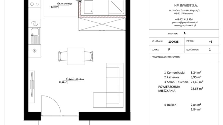 Rzut - Mieszkanie na sprzedaż 1 pokój o powierzchni 28,68 m² - numer 10D/35 w Jasielska 8C etap II