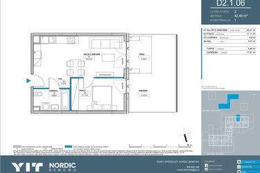 Rzut - Mieszkanie na sprzedaż 2 pokoje o powierzchni 42,48 m² - numer D2.1.06 w Nordic Bemowo - etap IV