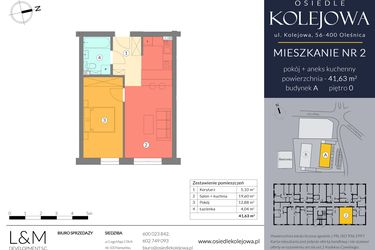 Rzut - Mieszkanie na sprzedaż 2 pokoje o powierzchni 41,63 m² - numer A.2 w Osiedle Kolejowa