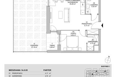 Rzut - Mieszkanie na sprzedaż 2 pokoje o powierzchni 47,1 m² - numer 1A.0.05 w Francuska Park VIIIB
