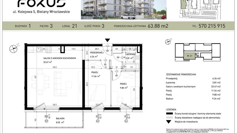 Rzut - Mieszkanie na sprzedaż 3 pokoje o powierzchni 63,88 m² - numer B1-21 w Fokus Bielany