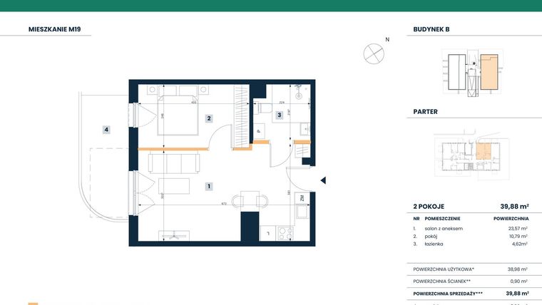 Rzut - Mieszkanie na sprzedaż 2 pokoje o powierzchni 38,98 m² - numer M19 w Reneta