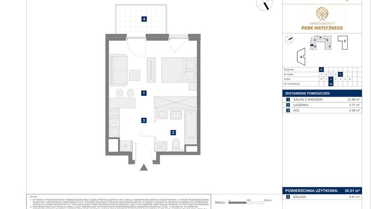 Rzut - Mieszkanie na sprzedaż 1 pokój o powierzchni 30,51 m² - numer B96 w Apartamenty Park Matecznego Etap 1