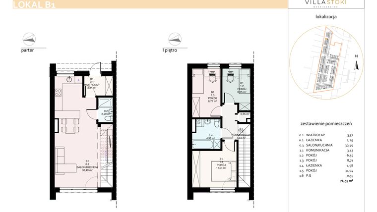 Rzut - Dom na sprzedaż 4 pokoje o powierzchni 71,55 m² - numer B1 w Villa Stoki (domy)