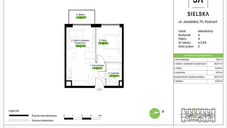 Rzut - Mieszkanie na sprzedaż 2 pokoje o powierzchni 38,73 m² - numer A.5.65 w JA_SIELSKA V