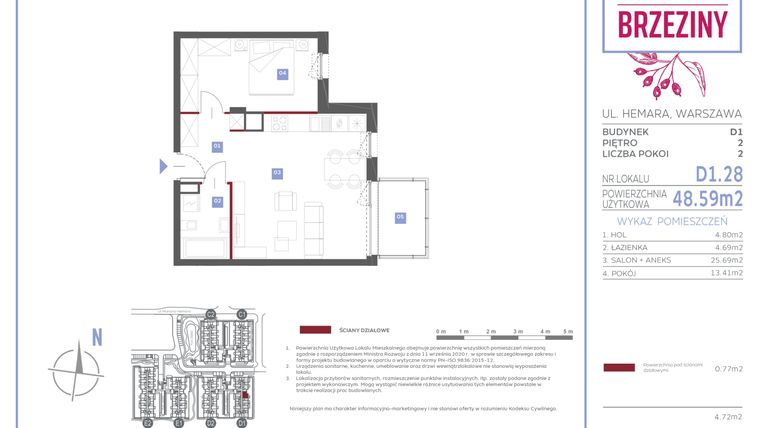 Rzut - Mieszkanie na sprzedaż 2 pokoje o powierzchni 48,59 m² - numer D1.28 w Miasteczko Brzeziny II