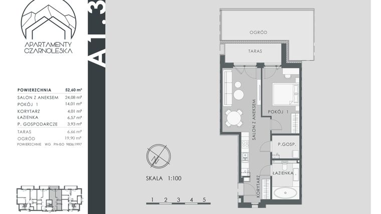 Rzut - Mieszkanie na sprzedaż 2 pokoje o powierzchni 52,6 m² - numer A1.3 w Apartamenty Czarnoleska