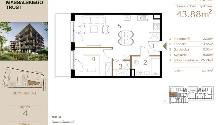 Rzut - Mieszkanie na sprzedaż 2 pokoje o powierzchni 43,88 m² - numer M51 w Massalskiego Trust