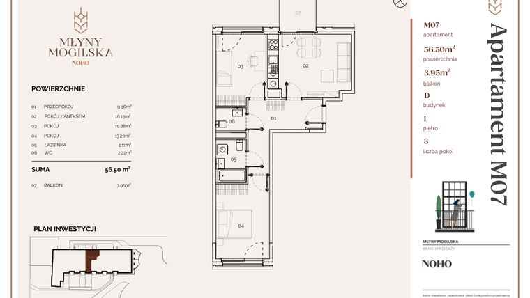 Rzut - Mieszkanie na sprzedaż 3 pokoje o powierzchni 56,5 m² - numer D.7 w Młyny Mogilska