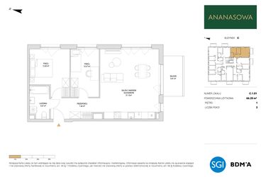 Rzut - Mieszkanie na sprzedaż 3 pokoje o powierzchni 66,2 m² - numer C.1.01 w Ananasowa