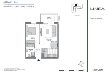 Rzut - Mieszkanie na sprzedaż 2 pokoje o powierzchni 43,08 m² - numer B.4.4 w Linea