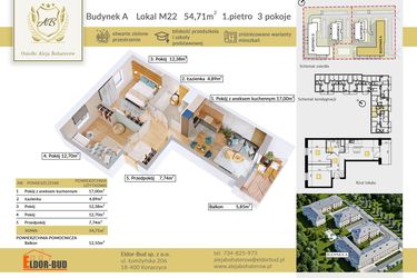 Rzut - Mieszkanie na sprzedaż 3 pokoje o powierzchni 54,71 m² - numer A.22 w Aleja Bohaterów