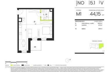 Rzut - Mieszkanie na sprzedaż 1 pokój o powierzchni 44,15 m² - numer NO.5.1 w Ogrody Staromiejskie