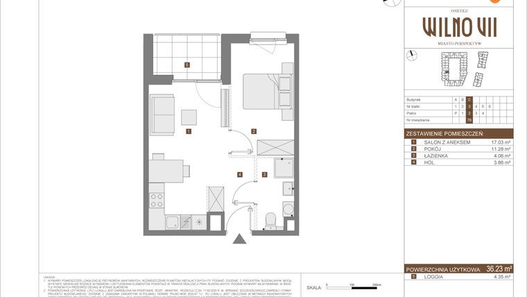 Rzut - Mieszkanie na sprzedaż 2 pokoje o powierzchni 36,23 m² - numer C.78 w Osiedle Wilno VII etap 3