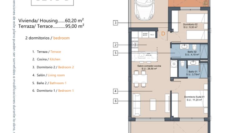 Rzut - Mieszkanie na sprzedaż 2 pokoje o powierzchni 60,2 m² - numer 2.0.D w LA Sunrise - Los Alcázares