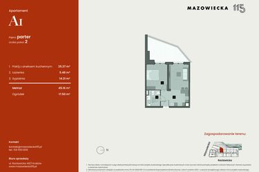Rzut - Mieszkanie na sprzedaż 2 pokoje o powierzchni 45,16 m² - numer A1 w Mazowiecka 115